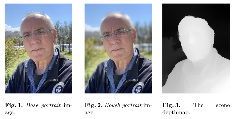 A comparison between the base portrait image, the bokeh portrait image, and the depth map.